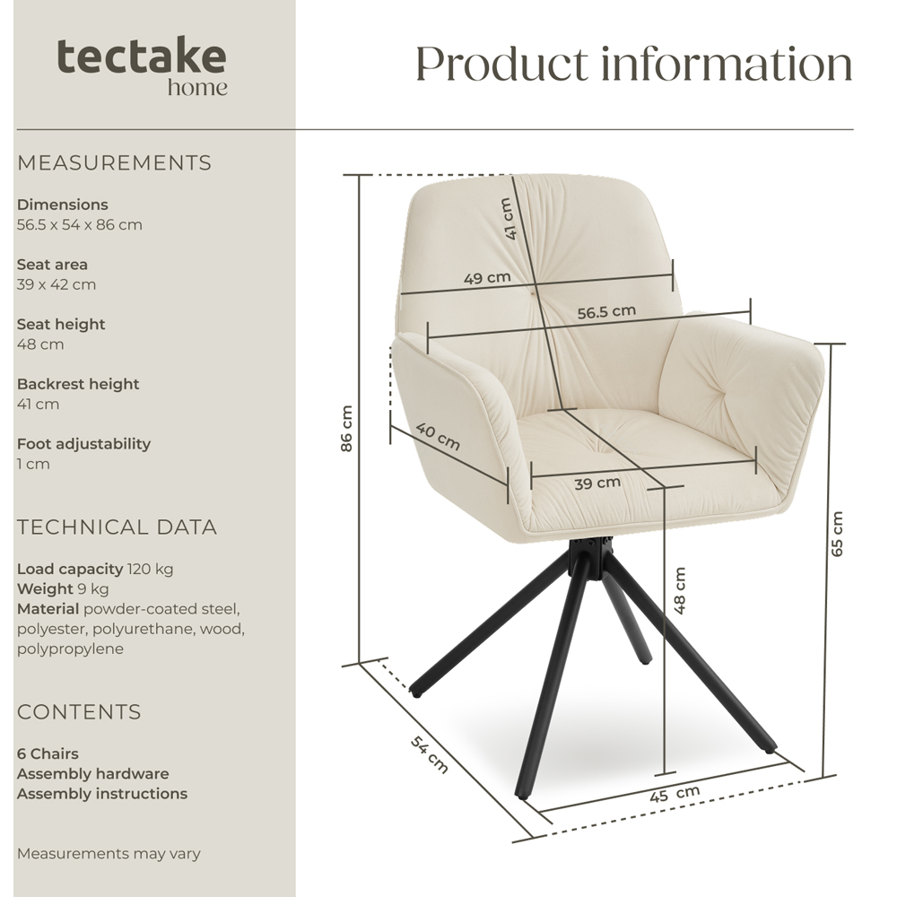 tectake Lenia Set of 6 Cream and Black Velvet Swivel Chair Image 9