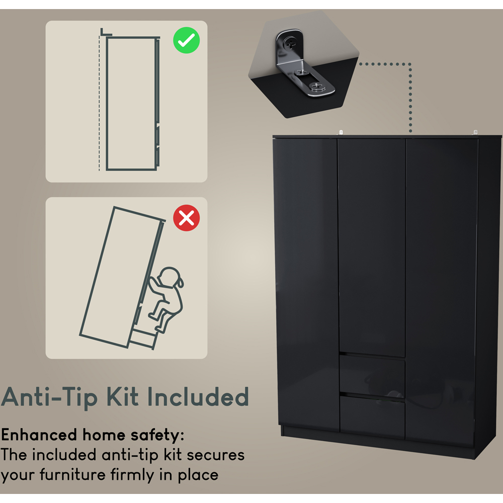 Vida Designs Glinton 3 Door 2 Drawer Black Wardrobe Image 7