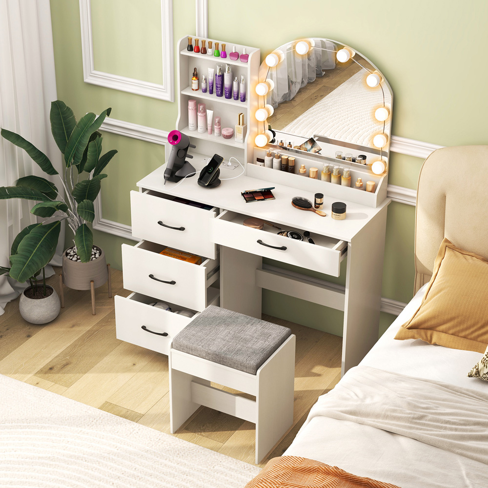 Costway White Dressing Table and Stool Set with LED Mirror Image 5