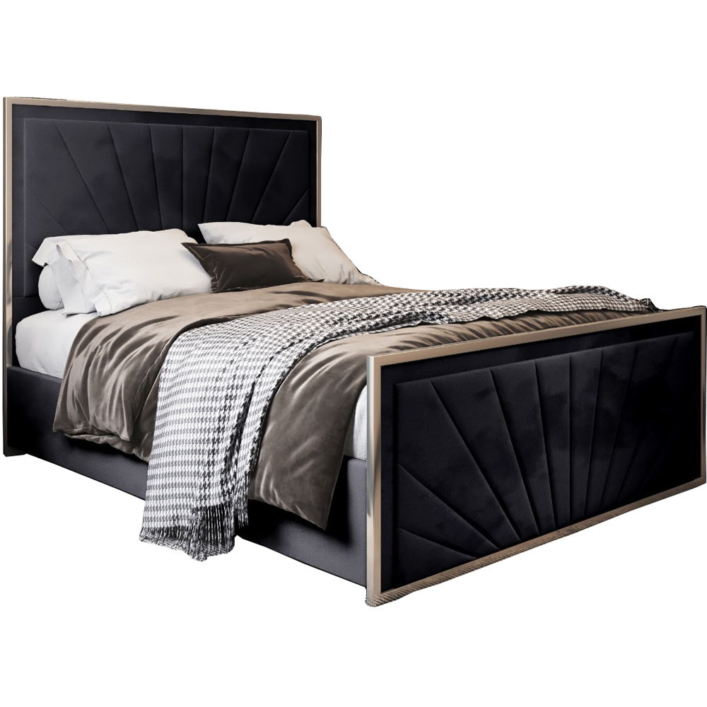Roxy Small Double Black Soft Velvet Upholstered Metal Bed Frame with Chevron Headboard Image 2
