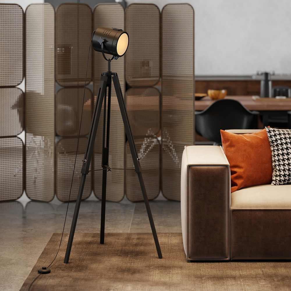 HOMCOM Black Wooden Industrial Tripod Floor Lamp Image 2