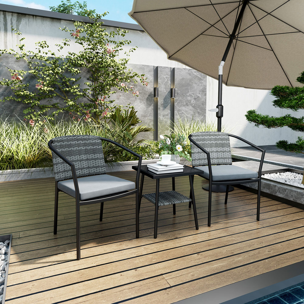 Outsunny 2 Seater Grey and Black Rattan Bistro Set with Cushions Image 4