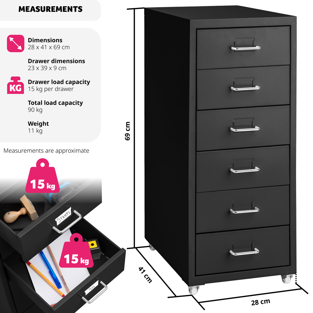 tectake 6 Drawer Black Steel Filing Cabinet Image 9