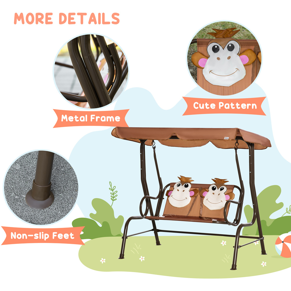 Outsunny 2 Seater Kids Brown Canopy Swing Chair with Adjustable Awning Image 7