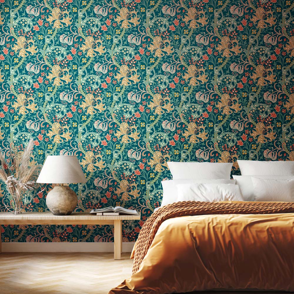 Hoopla Walls Lily Ogee Teal Non Woven Wallpaper Image 2