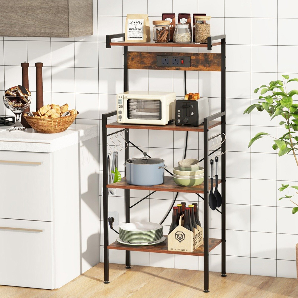 Costway 4 Tier Rustic Brown Kitchen Bakers Rack with Power Outlet and S Hooks Image 2
