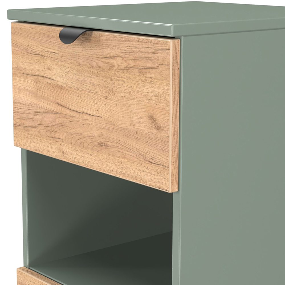 Crowndale Bora 3 Drawer Single Shelf Gold Oak and Reed Green Bedside Cabinet Image 6