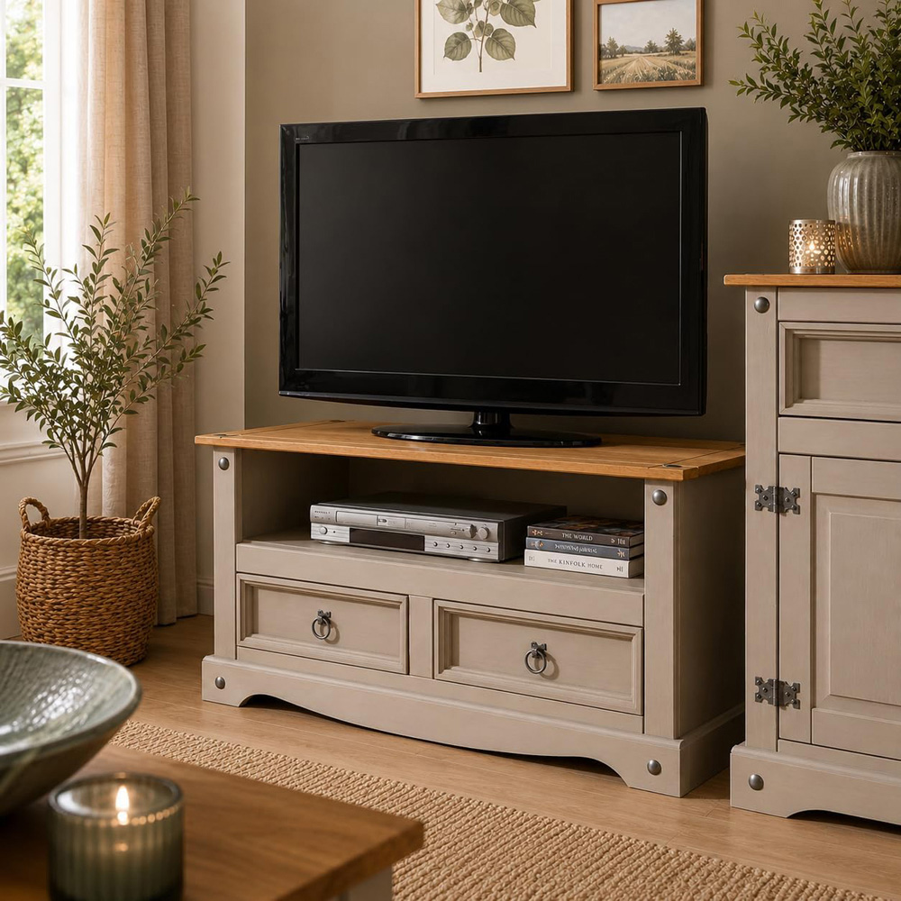 Mews Corona Grey Waxed Pine Mexican Style 2 Door Single Shelf Flat Screen TV Stand Image 5