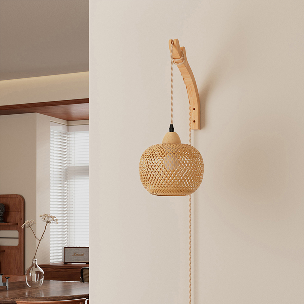 Living and Home Bamboo Woven E27 Plug-In Wall Light Image 2