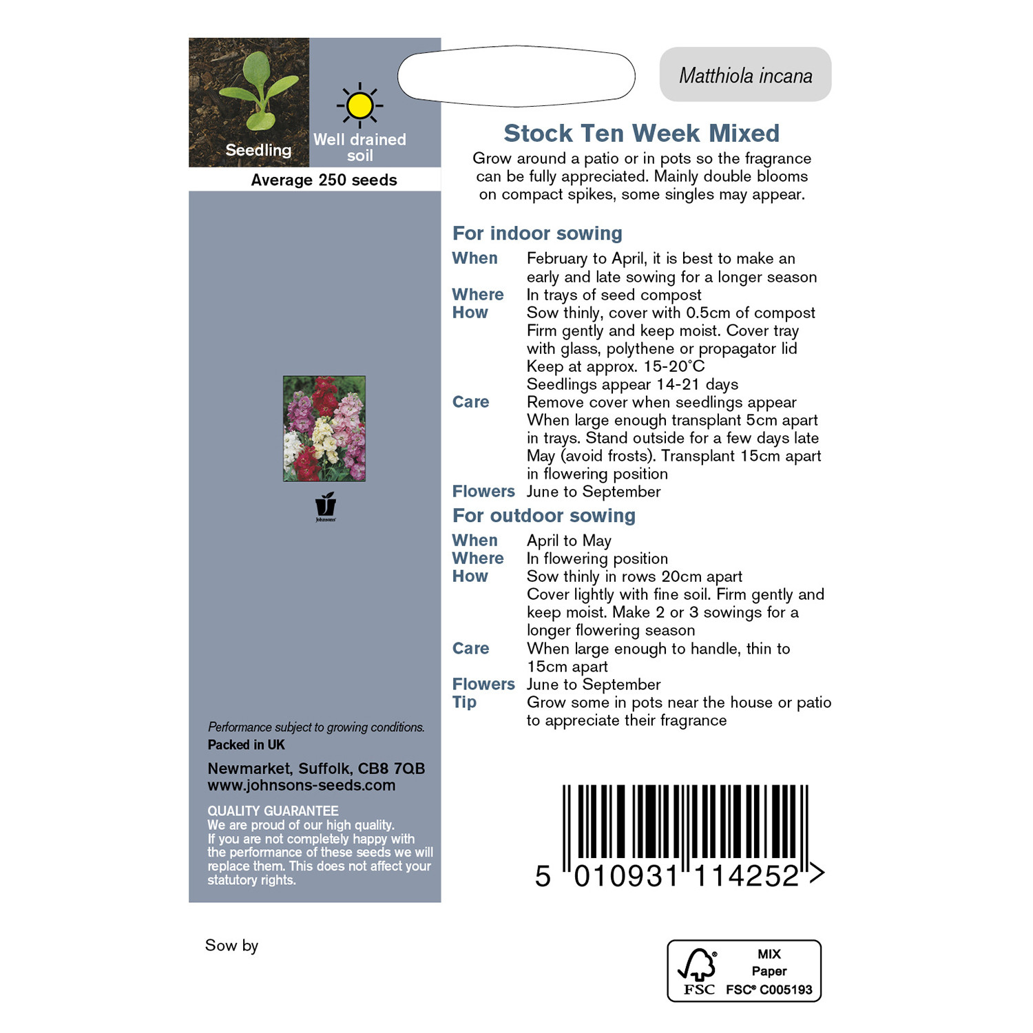 Johnsons Pack of Ten Week Mixed Stock Flower Seeds Image 2