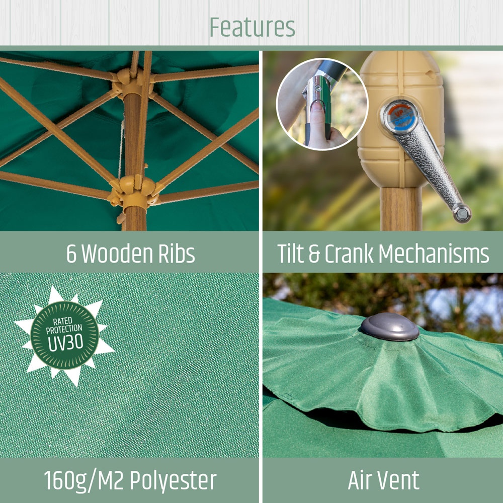 Gardenkraft Dark Green Crank and Tilt Wooden Parasol 2.7m Image 3
