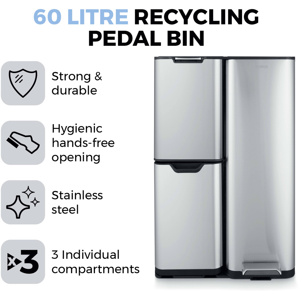 Tower Silver Carbon Steel Triple Recycling Pedal Bin 60L Image 3