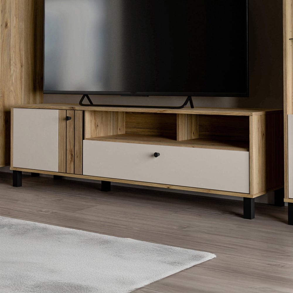 Florence Grafton Single Door Single Drawer 2 Shelf Cream and Oak TV Unit Image 1