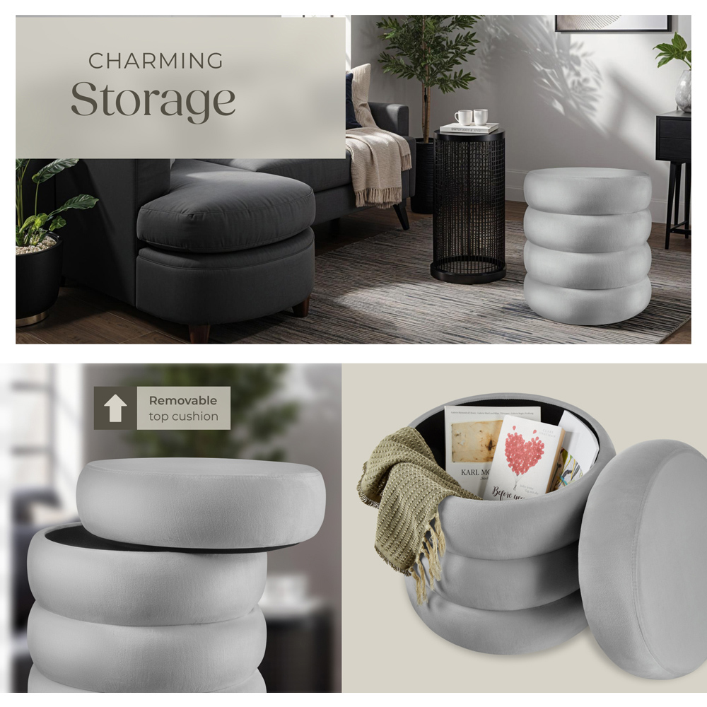 tectake Altu Grey Velvet Look Stool with Storage Image 5