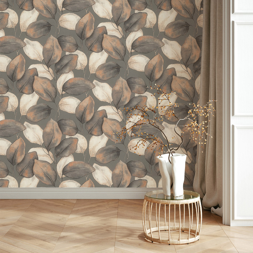 Rasch Wallpaper Opulenza Leaf Charcoal and Rust Wallpaper Image 3