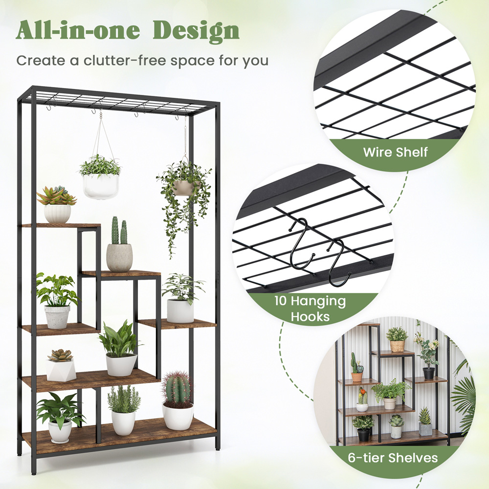 Costway 6 Tier Rustic Brown Plant Stand with Hanging Hooks Image 4
