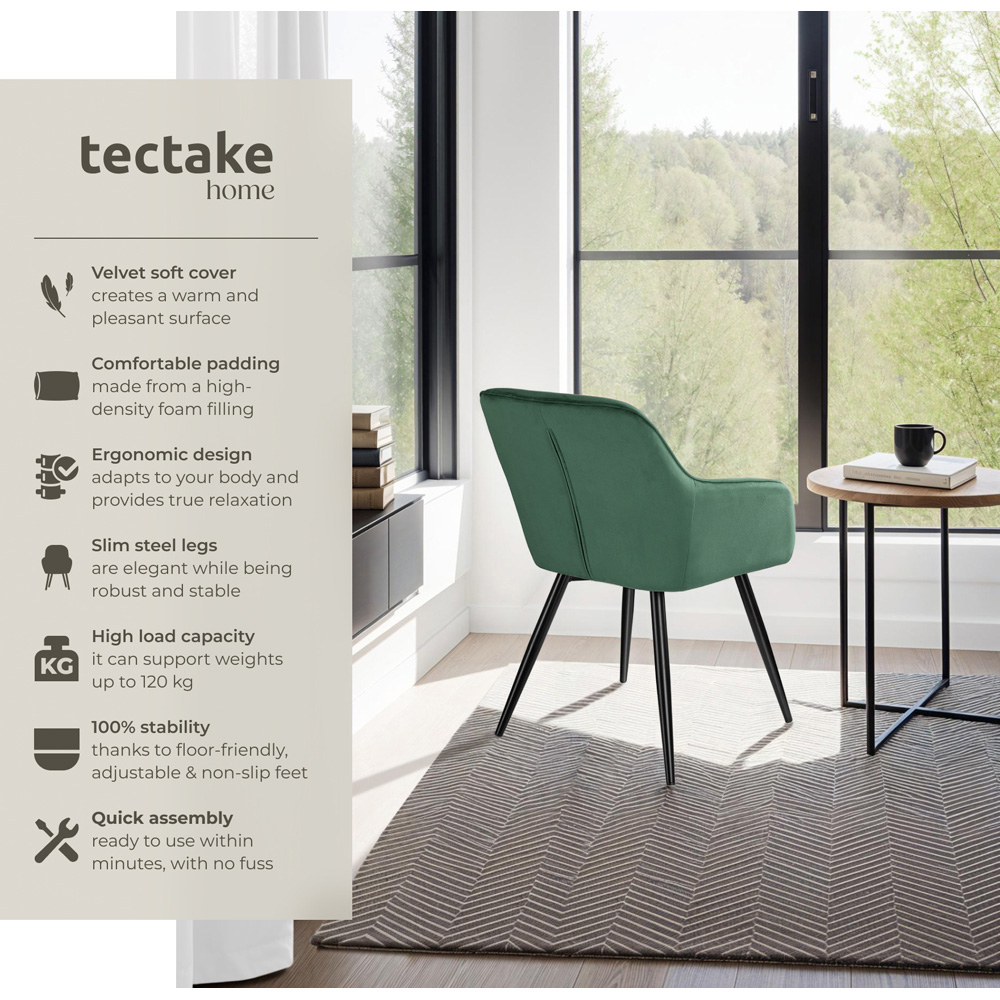 tectake Marilyn Set of 8 Dark Green and Black Velvet Look Padded Dining Chairs Image 8