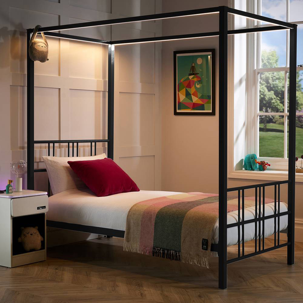XR Living Fern Single Black 4 Poster Bed with White Soft Glow LED Light Image 7