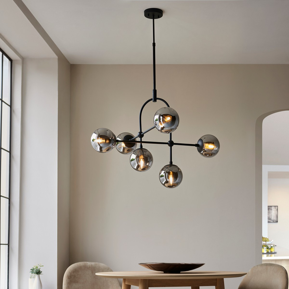 Merano Trieste Smoked Mirror Glass Matt Black Globe Pendant Ceiling Light Image 8