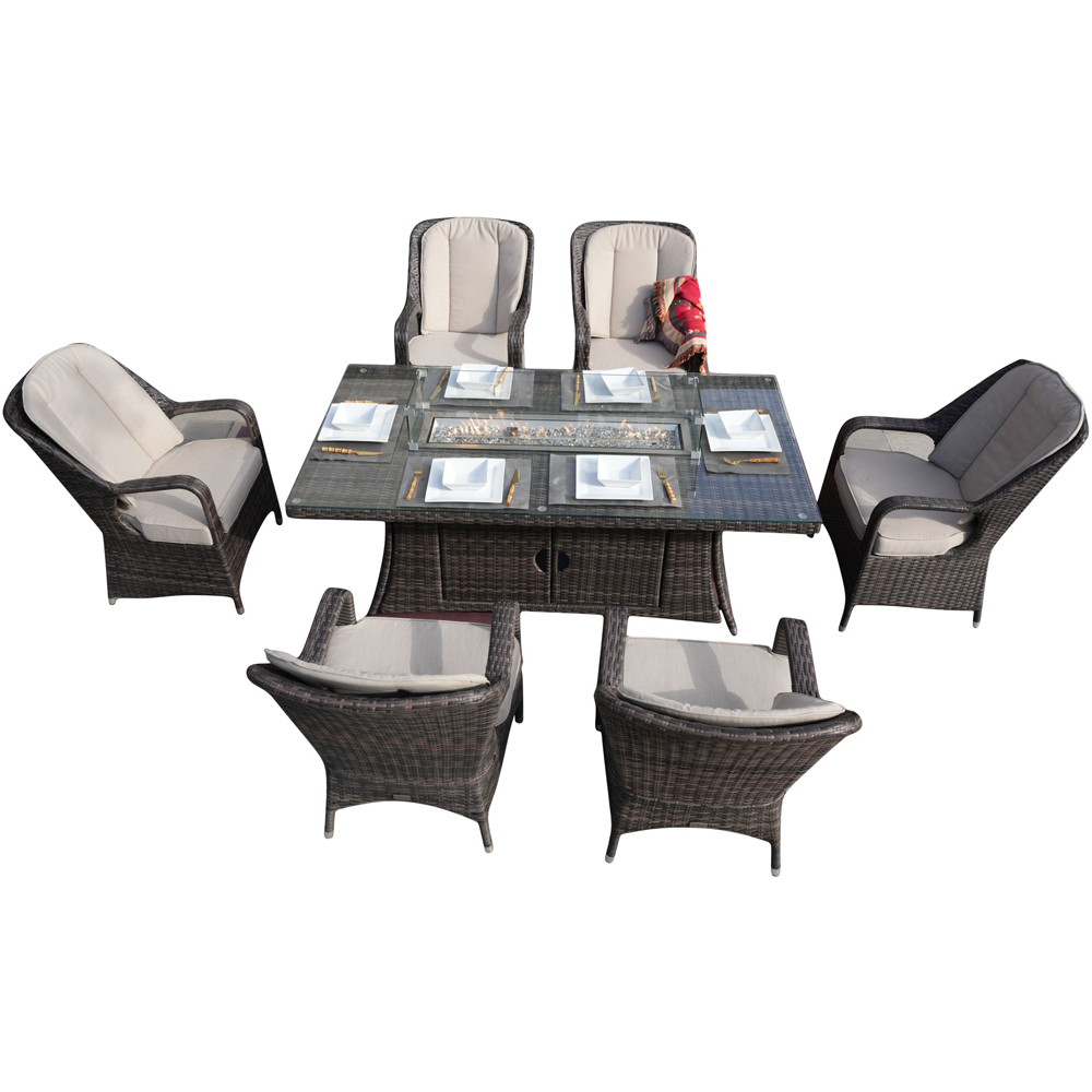 Direct wicker Brown 6 Seater Rattan Outdoor Dining Set with Rectangular Firepit Table Image 2