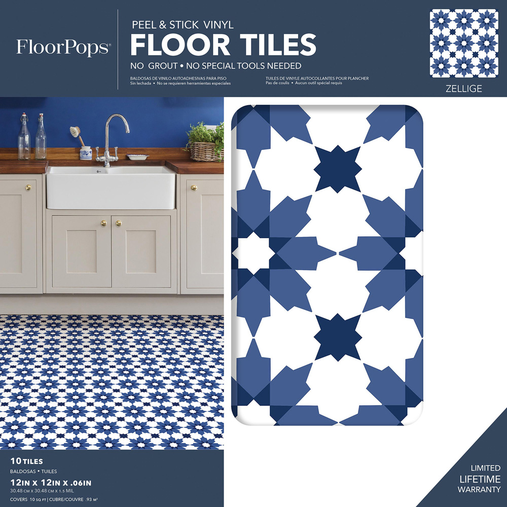 Floorpops Zellige Blue and White Peel and Stick Floor Tile 30.48 x 30.48cm 10 Pack Image 6