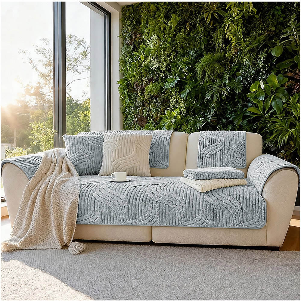 Living and Home 180 x 90cm Light Grey Minimalist Wavy Geometric Non-Slip Sofa Mat Image 8