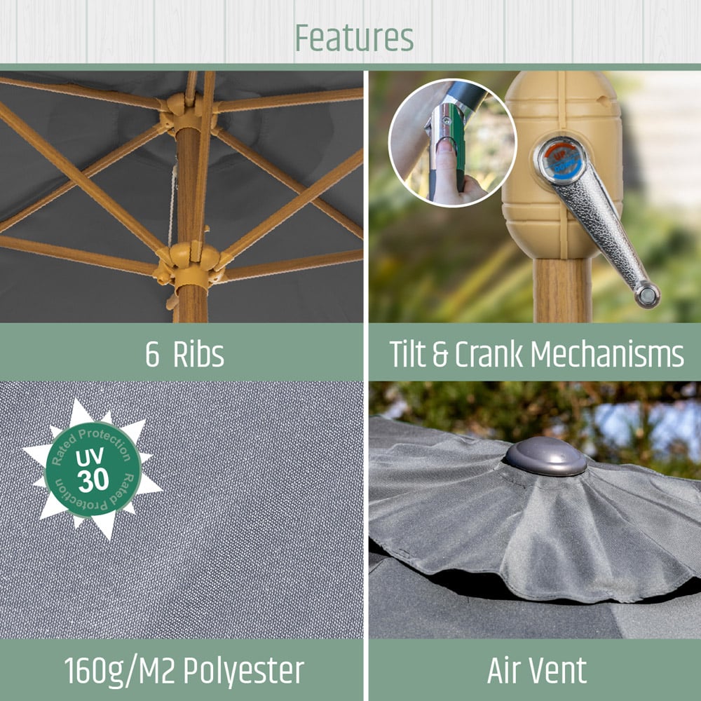 Gardenkraft Charcoal Crank and Tilt Wooden Parasol 2.7m Image 3