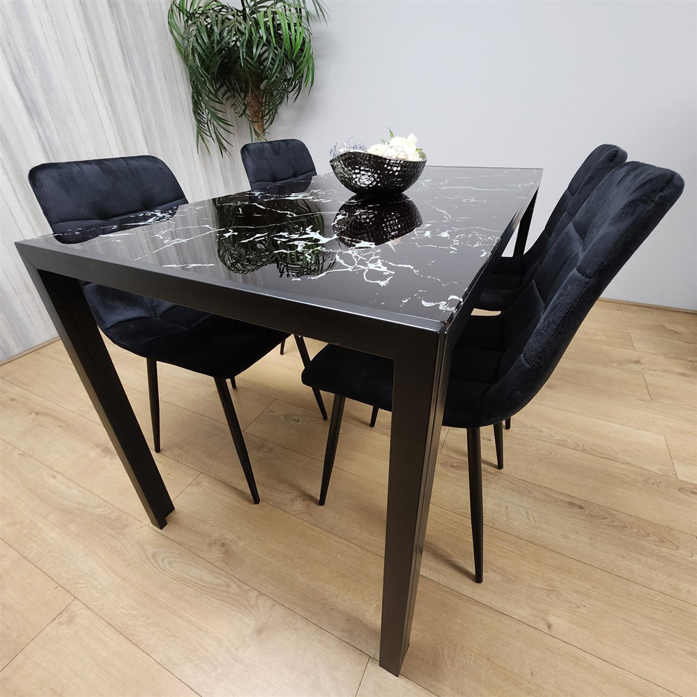 Portland Marble Effect Glass 4 Seater Velvet Dining Set Black Image 5