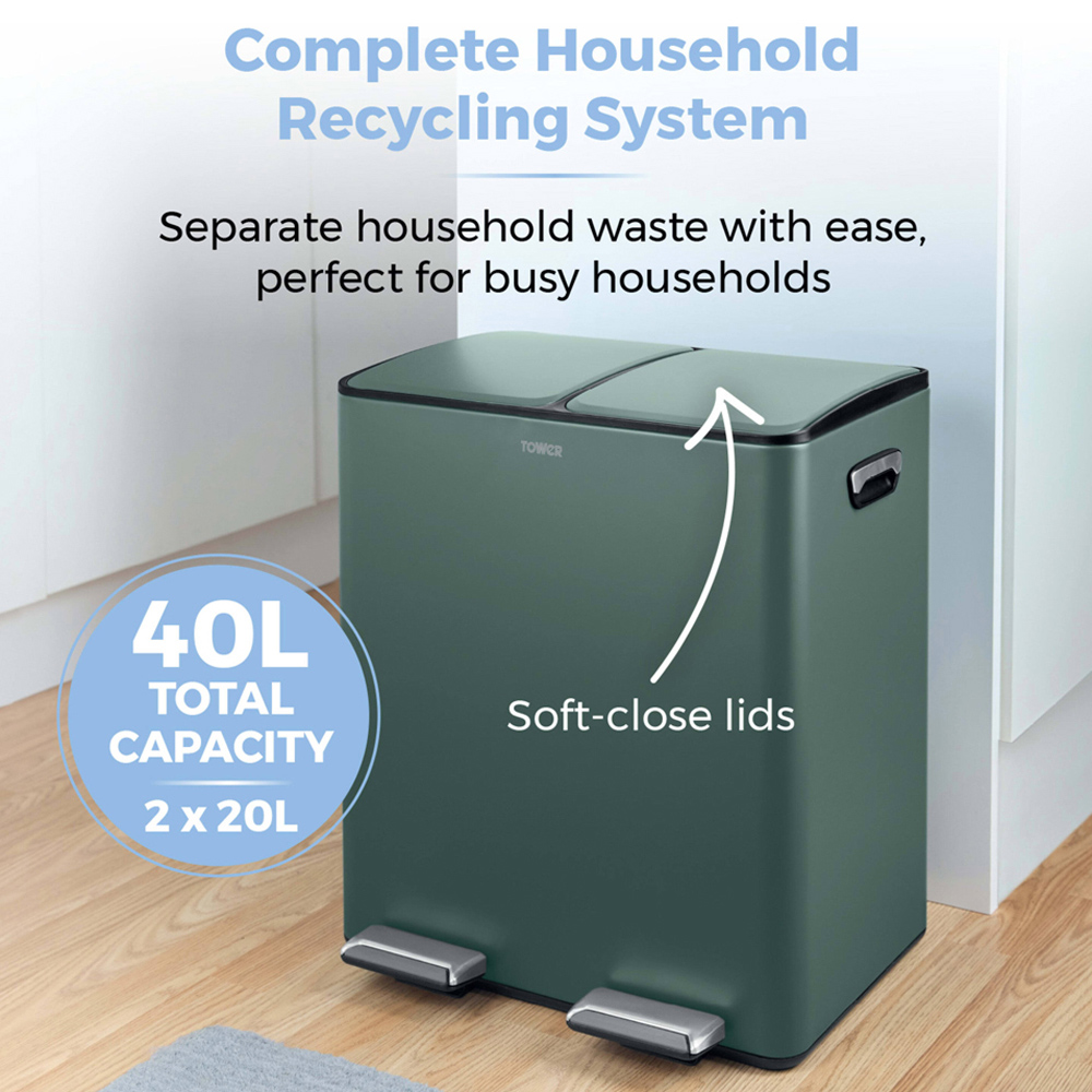 Tower Double Recycling Green Pedal Bin 40L Image 3
