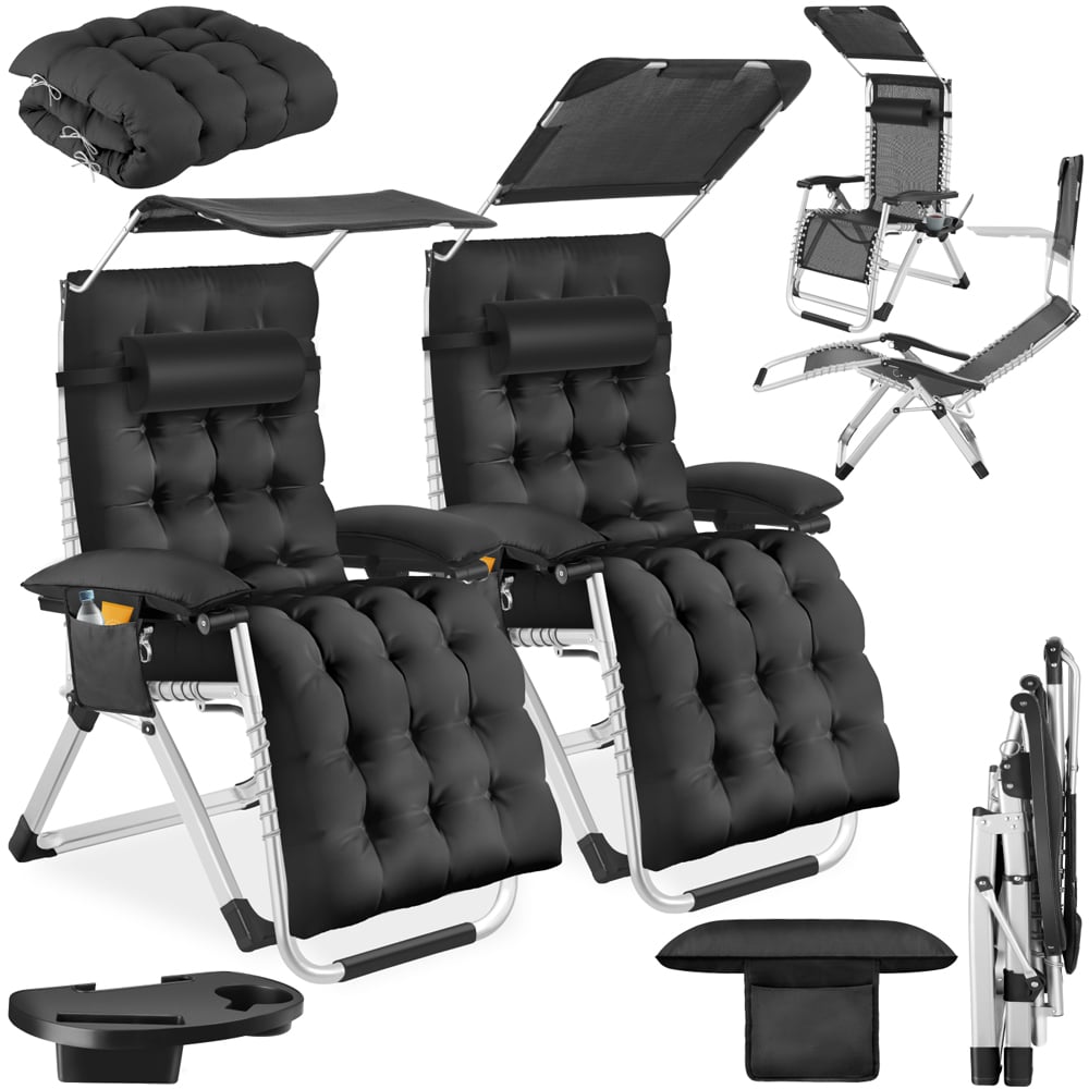 tectake Cirrus Black Set of 2 Folding Plush Padding Sun Lounger with Sun Shade Image 2