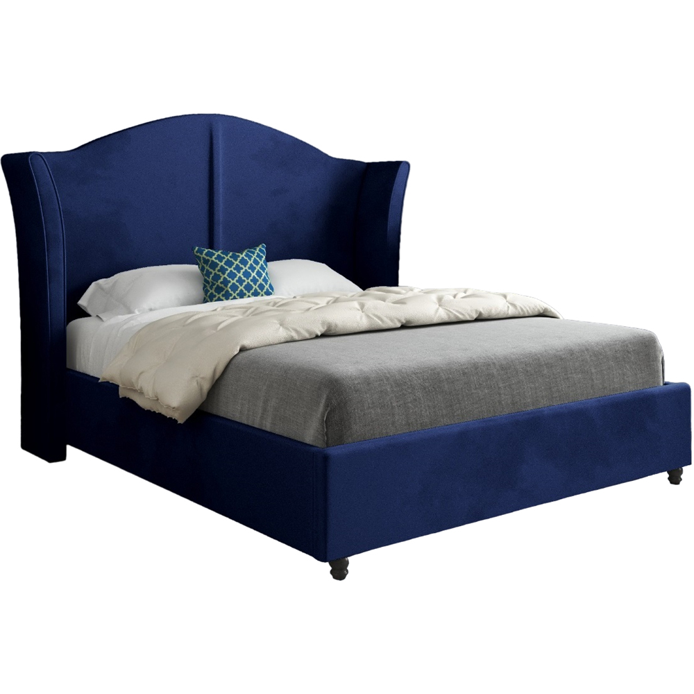 Zampa Small Double Blue Soft Velvet Upholstered Bed Frame with Curved Winged Headboard Image 2