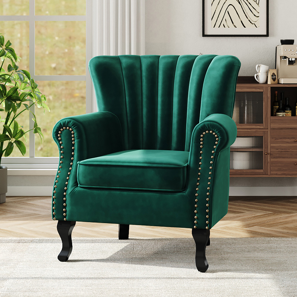 Living and Home Vintage Green Velvet Wingback Armchair with Studs Image 8