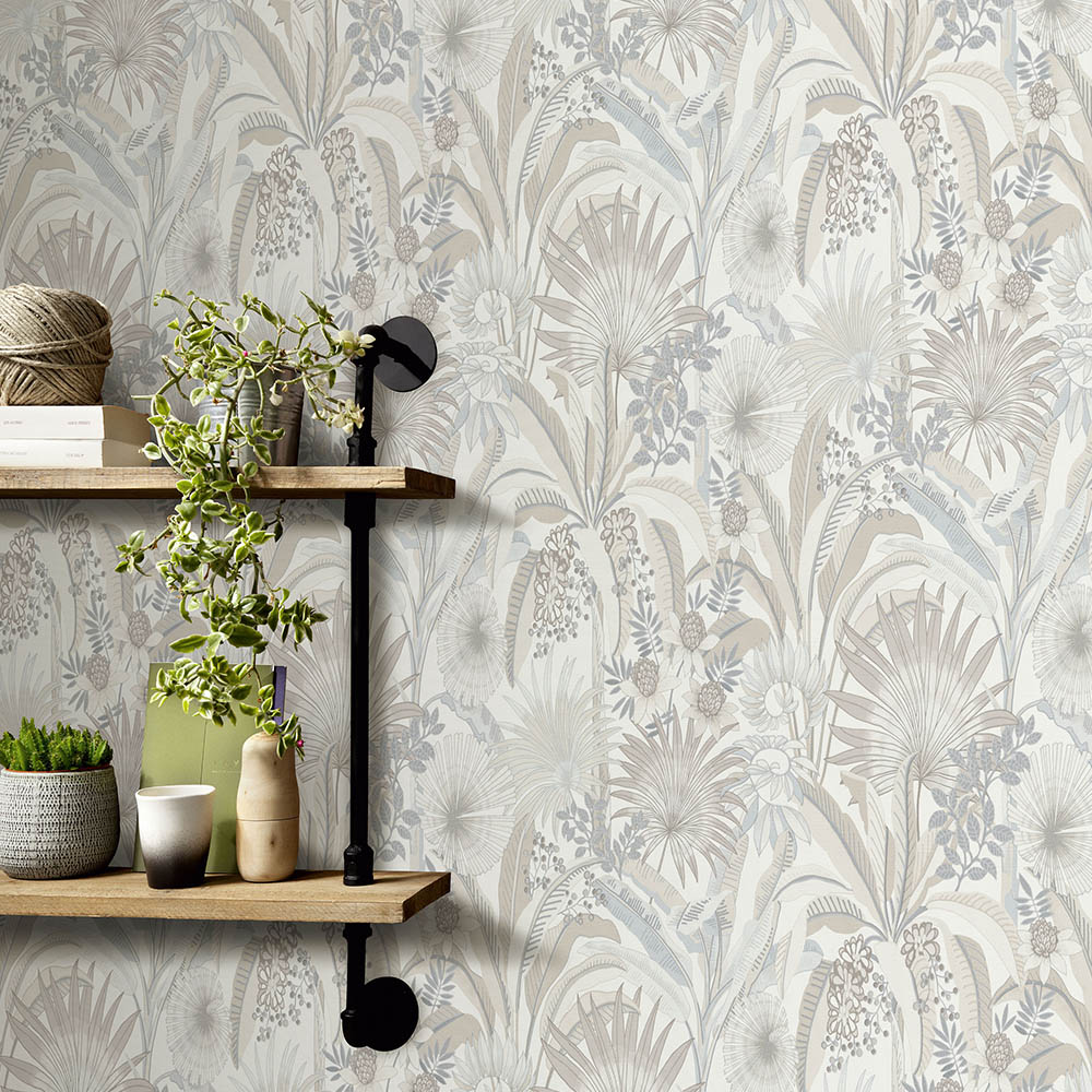 Erismann Martinique Tropical Floral Non Woven Blue and Neutral Wallpaper Image 4