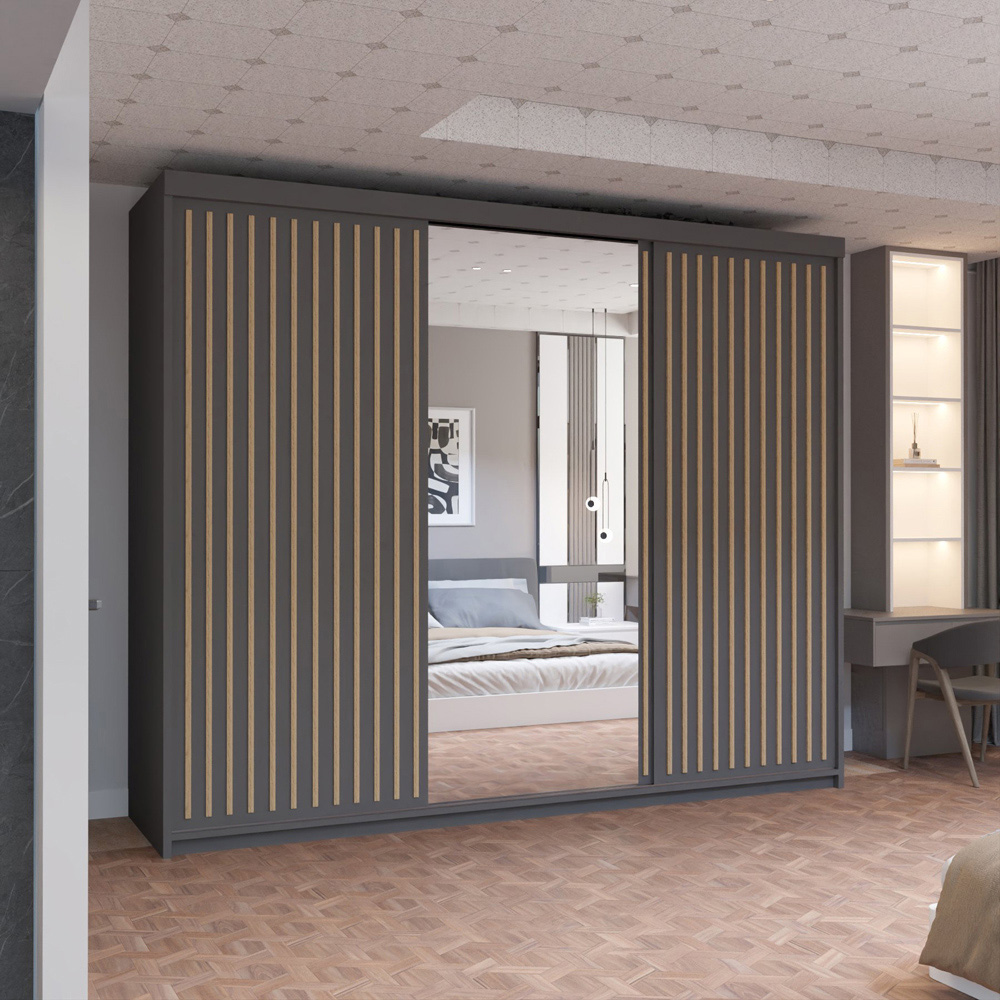 M N Furniture Roman 3 Door Grey and Oak Mirrored Sliding Wardrobe 250cm Image 4