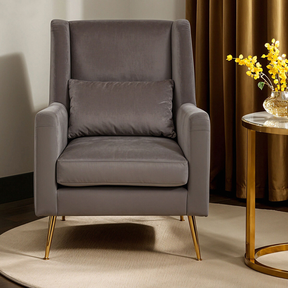 Premier Housewares Doucet Grey Velvet Chair with Gold Legs Image 6