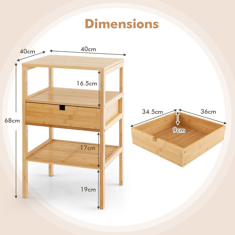 Costway Single Drawer 2 Shelf Natural Bamboo Nightstand Image 9