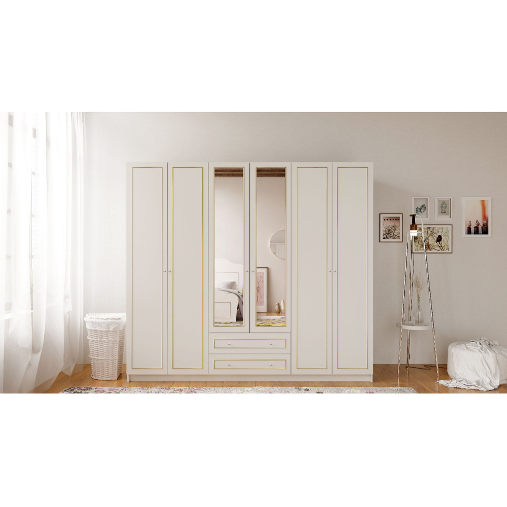 Evu MARIE 6 Door 2 Drawer Gold and White XL Mirrored Wardrobe Image 5