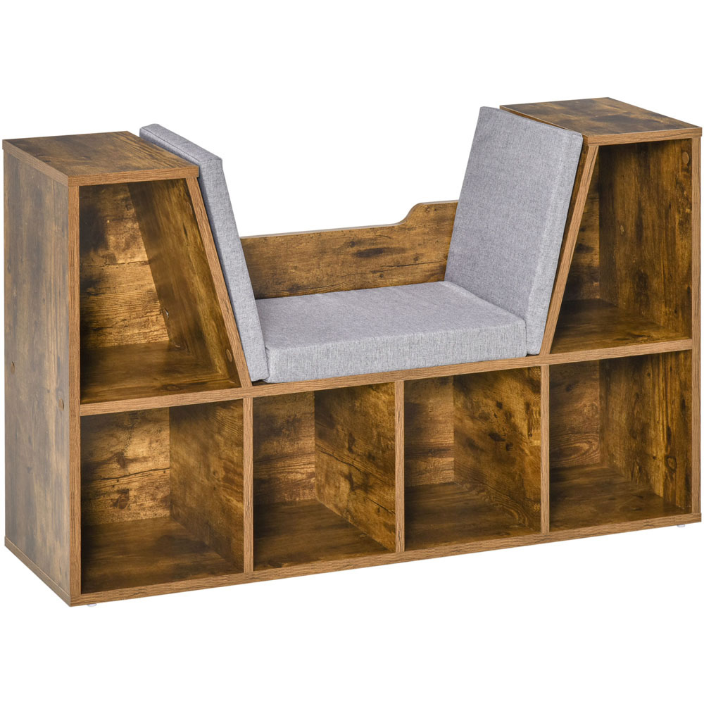 Portland 6 Shelf Brown Bookcase with Cushioned Reading Seat Image 2