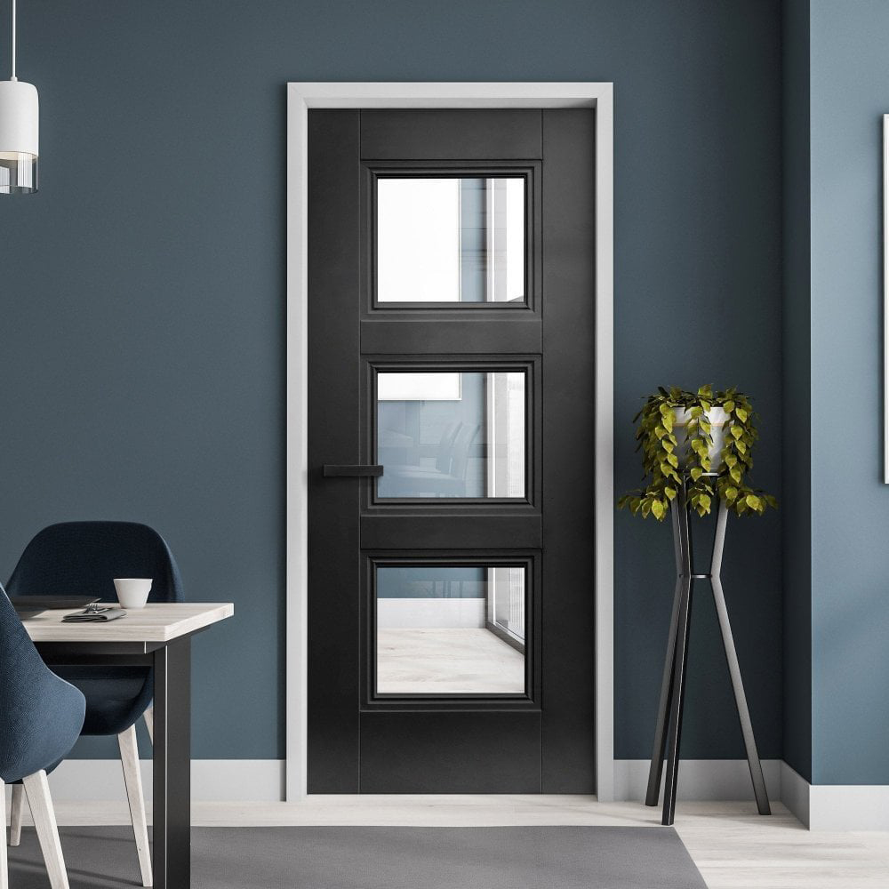 Elegance Ripley Jet Black Fully Finished 3 Light Clear Glass Internal Door 1981 x 762 x 35mm Image 2