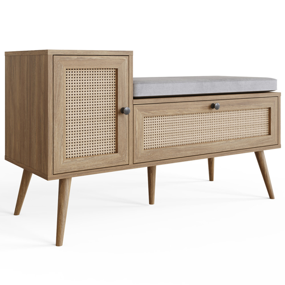 GFW Noor 2 Door Oak Rattan Shoe Cabinet with Cushioned Seat Image 2