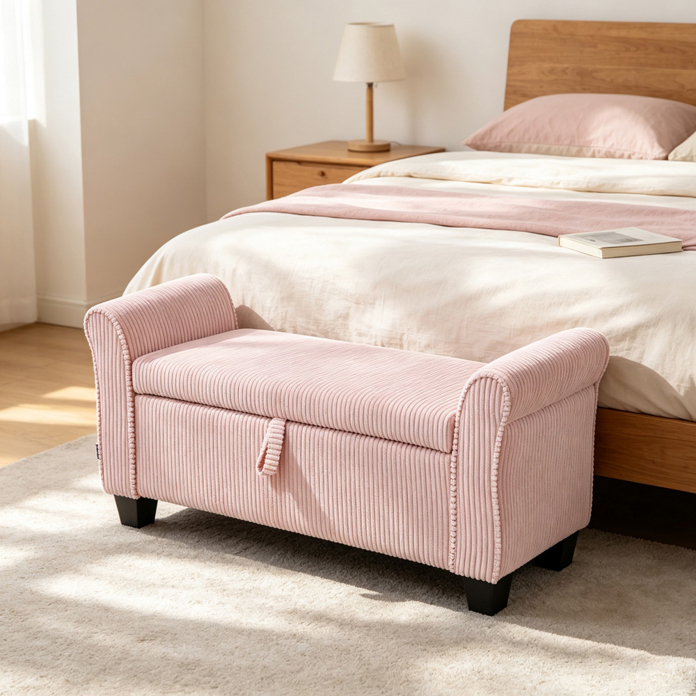 Living and Home Pink Corduroy Storage Bench with Lift-Up Lid Image 8