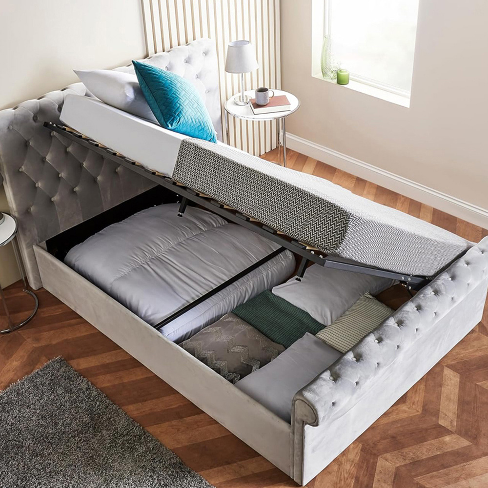 Home Treats King Size Grey Brushed Velvet Ottoman Bed with Mattress Image 7