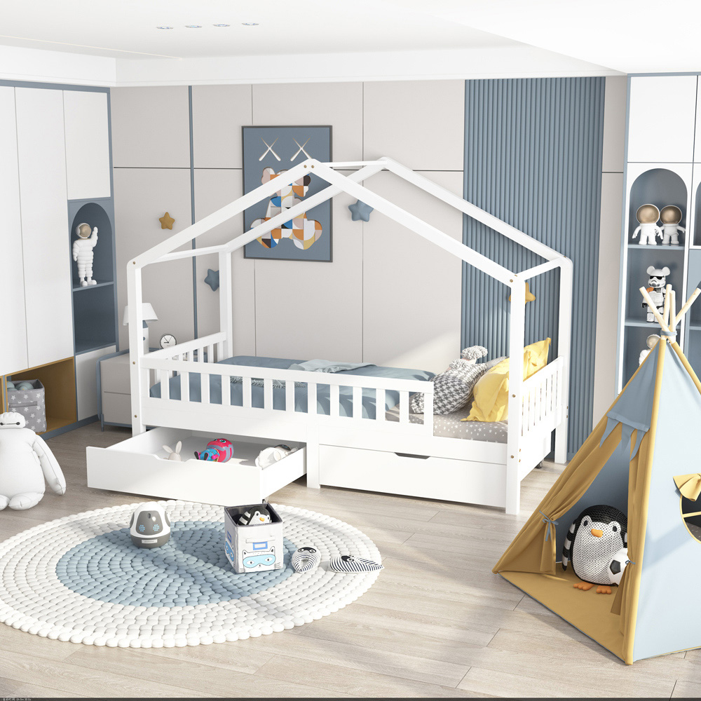 Portland Wood House 2 Drawer White Kids Bed Frame Image 9