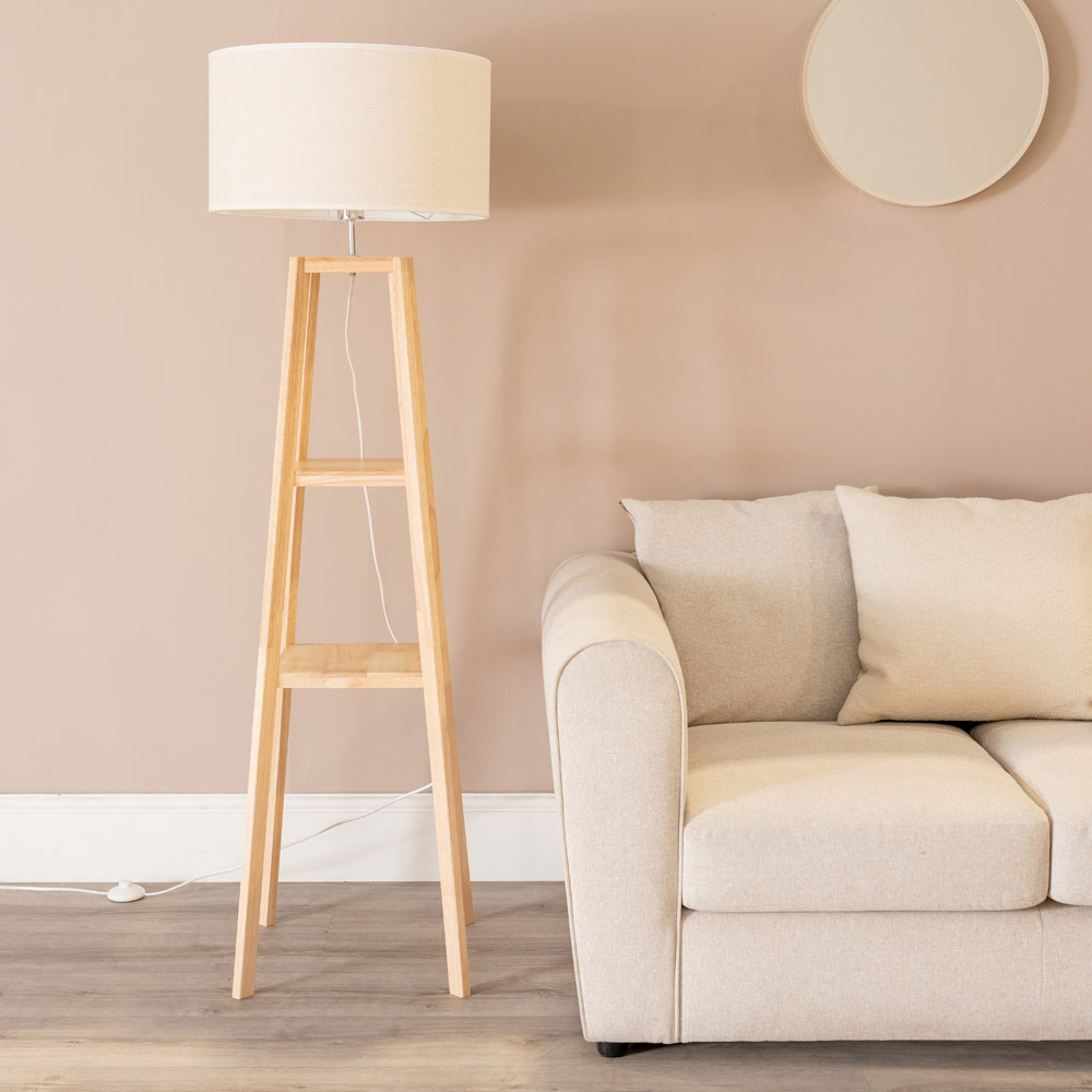 ValueLights Wakefield 2 Shelf White Edge Drum Shade Wooden LED Floor Lamp Image 3