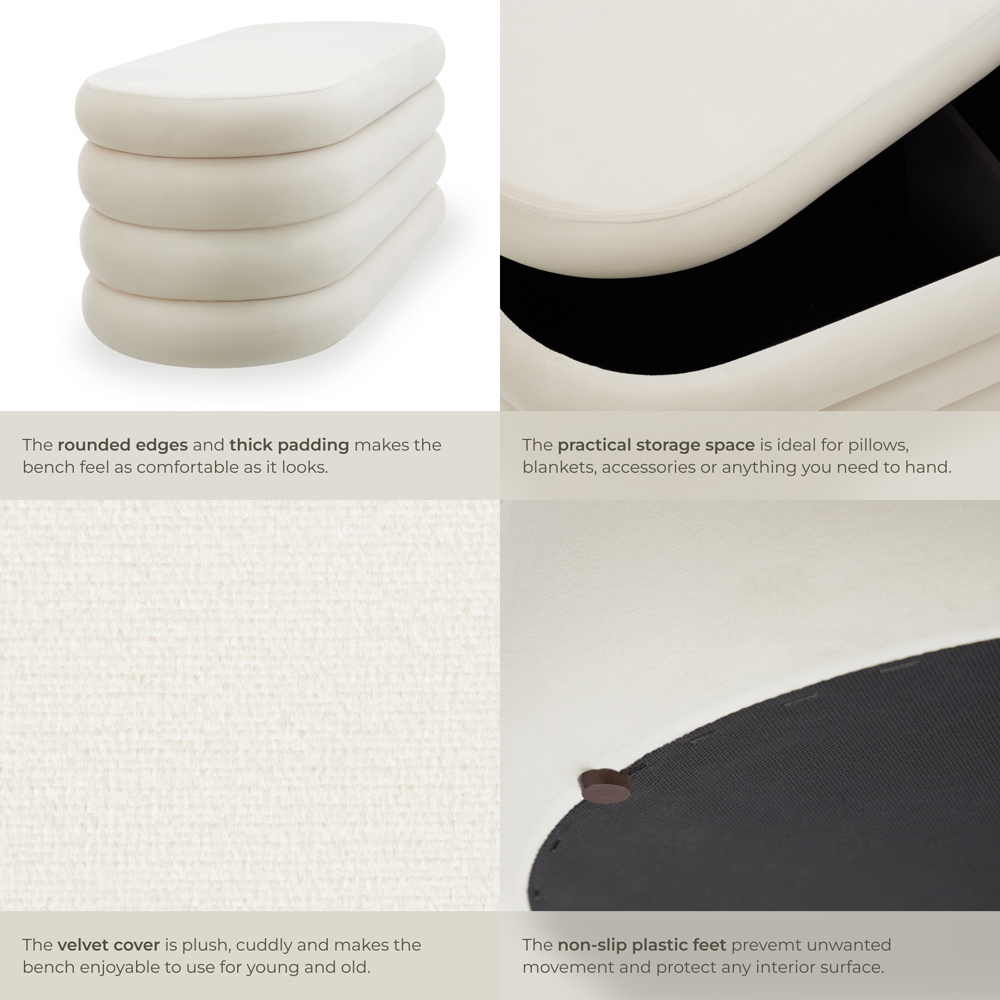 tectake Altu Cream White Velvet Padded Bench with Storage Image 4