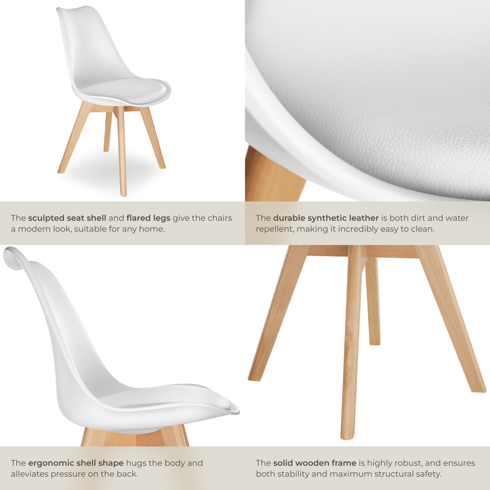 tectake Frederikke Set of 2 White Padded Dining Chair with Wooden Legs Image 6