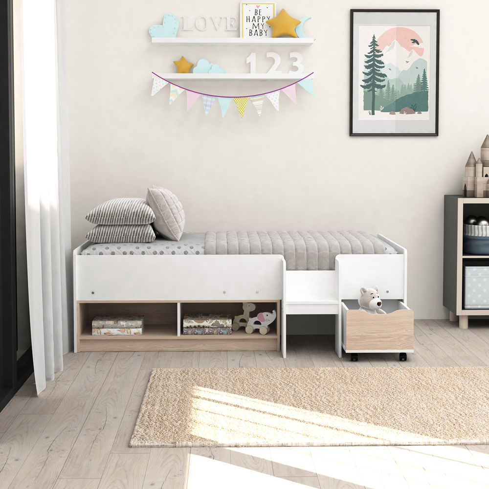 Kidsaw Single White and Oak Cabin Bed with Cubes and Pullout Drawer Image 6