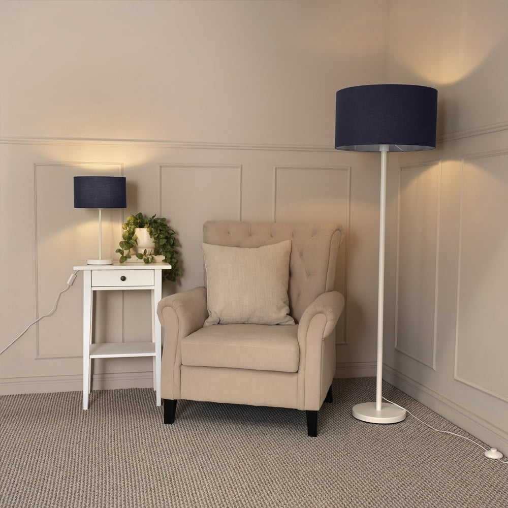 ValueLights Charlie Navy Drum Shade White Table Lamp and Bulb Image 4