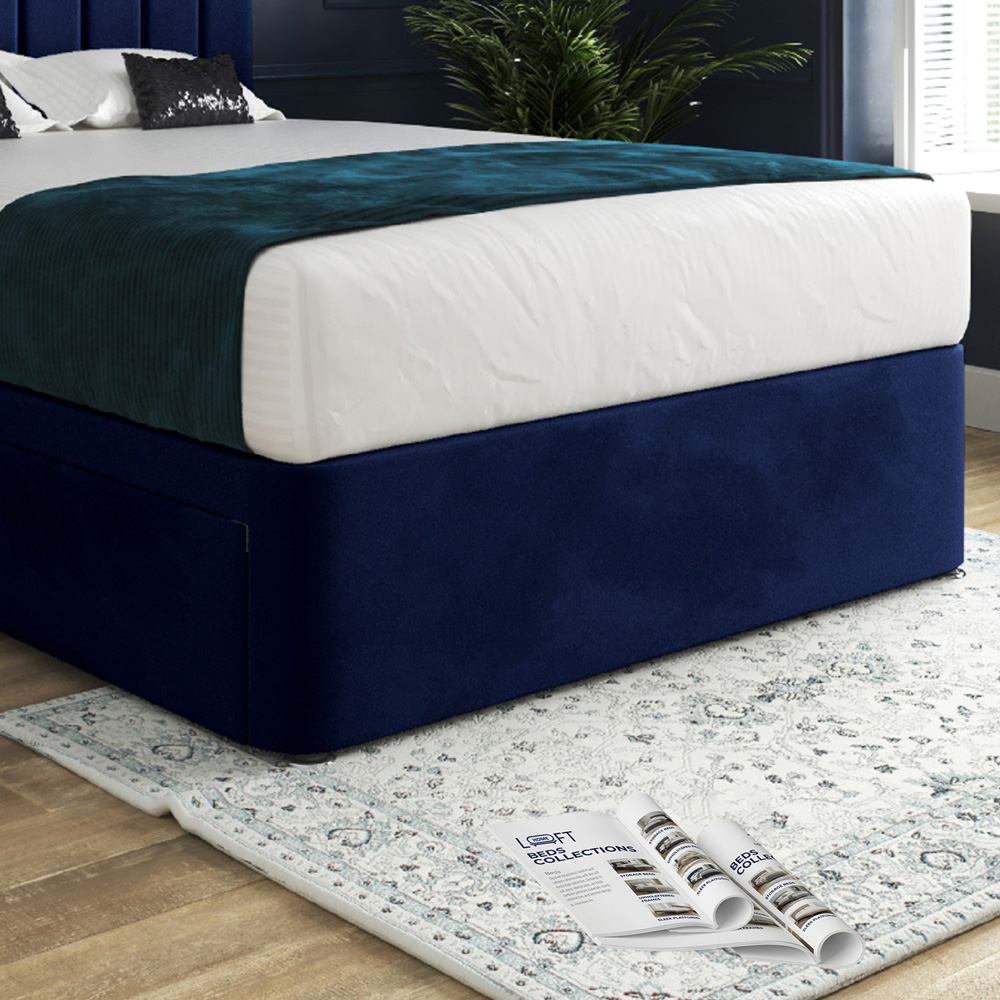 Marcelo Blue Small Double Velvet Upholstered Divan Bed Frame with Linear Headboard Image 4