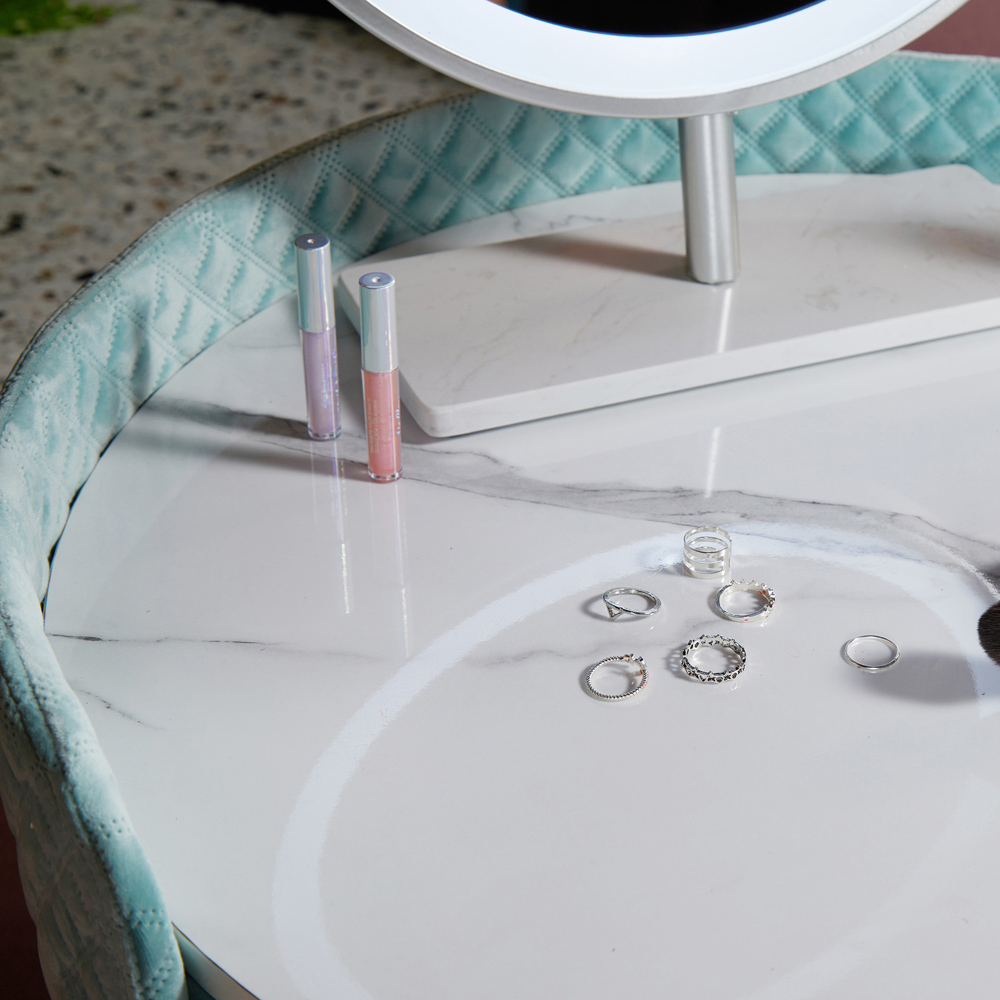 CARME Home French Riviera Single Drawer Baby Blue Velvet Dressing Table Set with LED Mirror Image 5